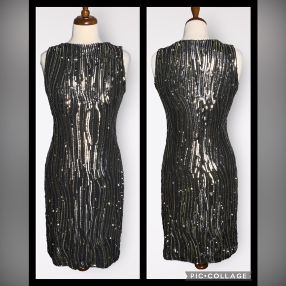 Eva Varro Silver Seqins Black Stretch Bodycon Sleeveless High Neck Dress M NWT
